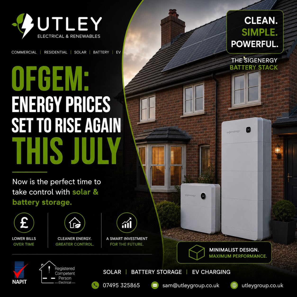 ⚡️ Energy prices up again this July.
Take control with Solar + Battery Storage ☀️🔋
Smart savings. Cleaner energy. Less reliance on the grid.
Featuring the minimalist Sigenergy battery stack — sleek design, powerful performance.
⚡ Commercial | Residential | Solar & Battery | EV
#Solar #BatteryStorage #Sigenergy #Renewables
